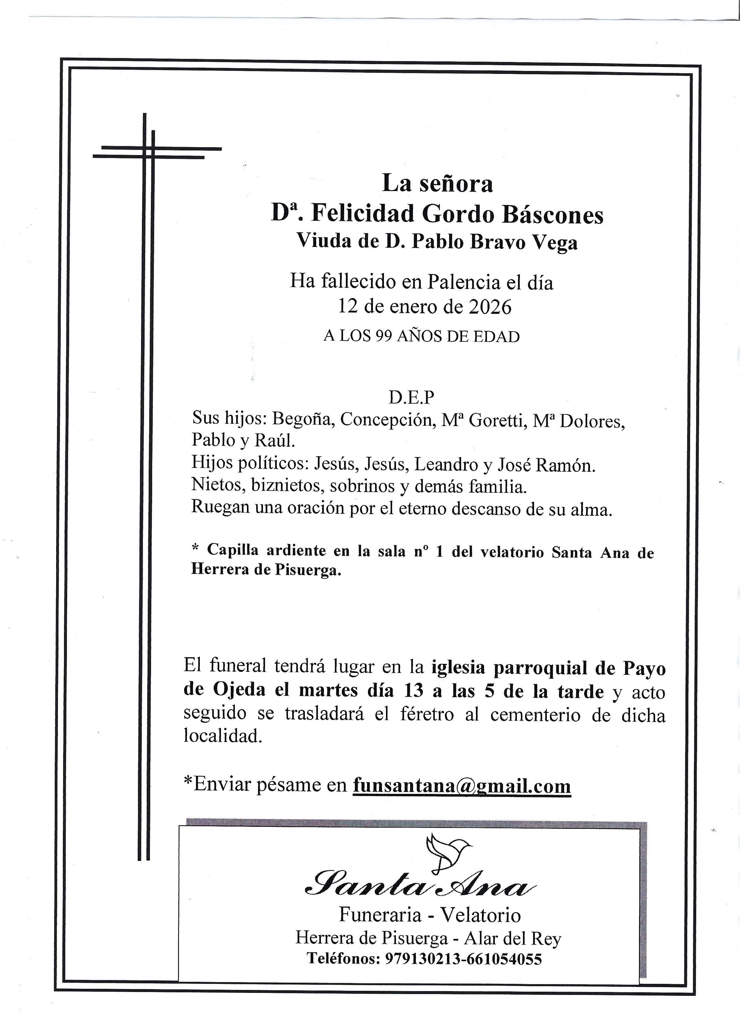 Obituary Felicidad Gordo Báscones