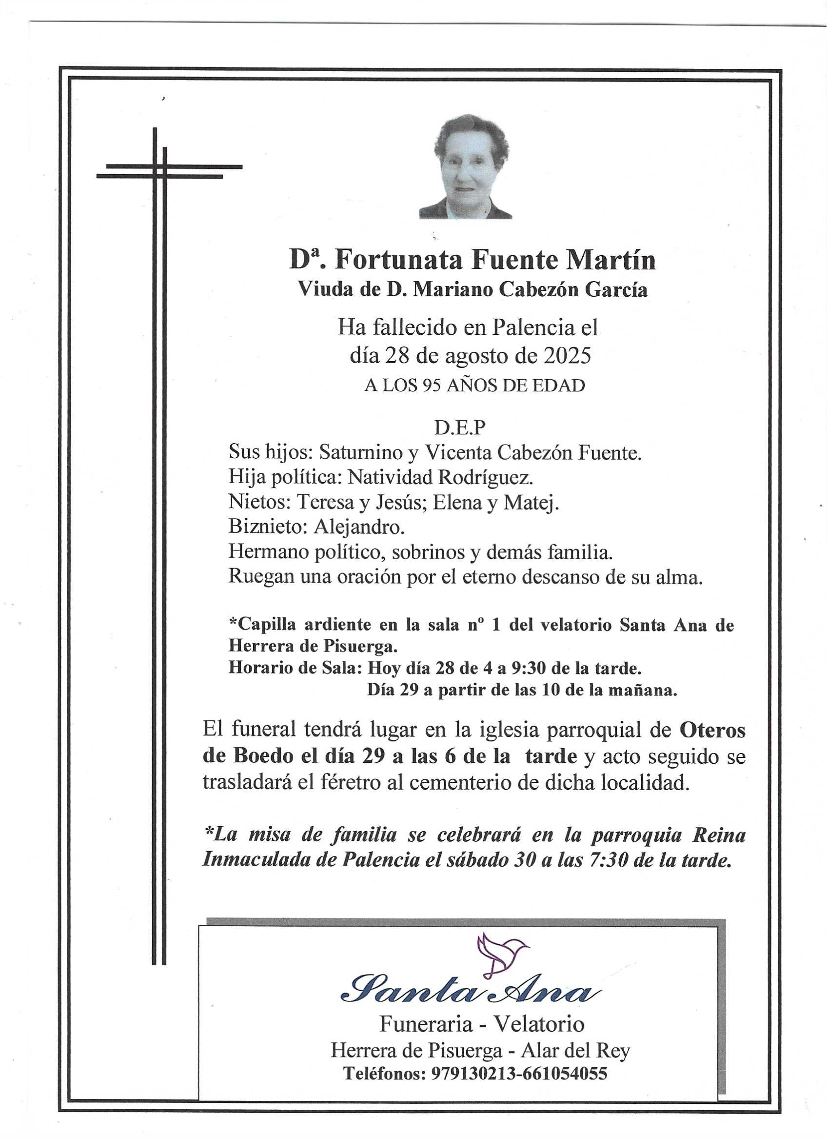 Obituary Dª. Fortunata Fuente Martín