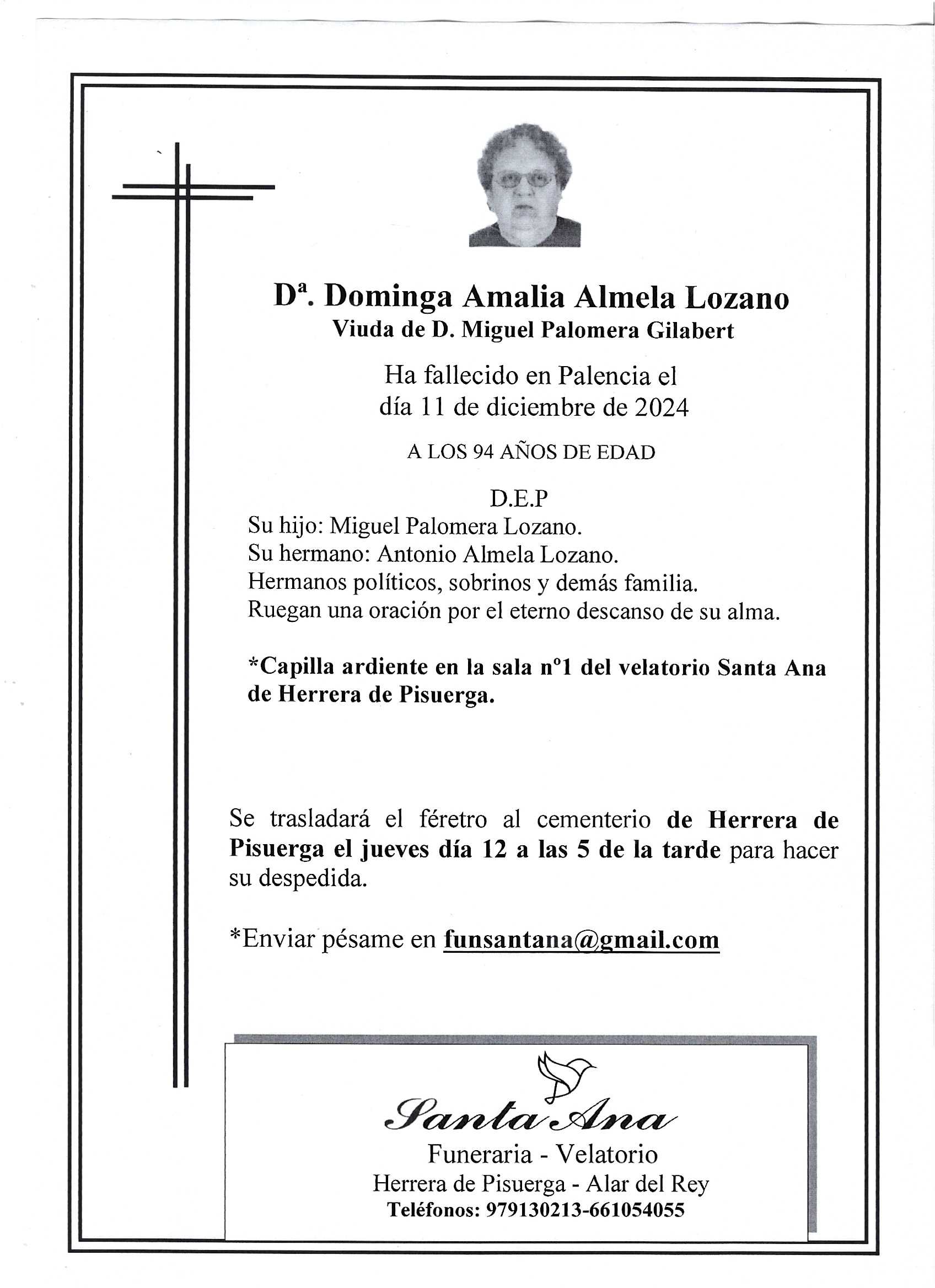 Obituary Dª Dominga Amalia Almela Lozano