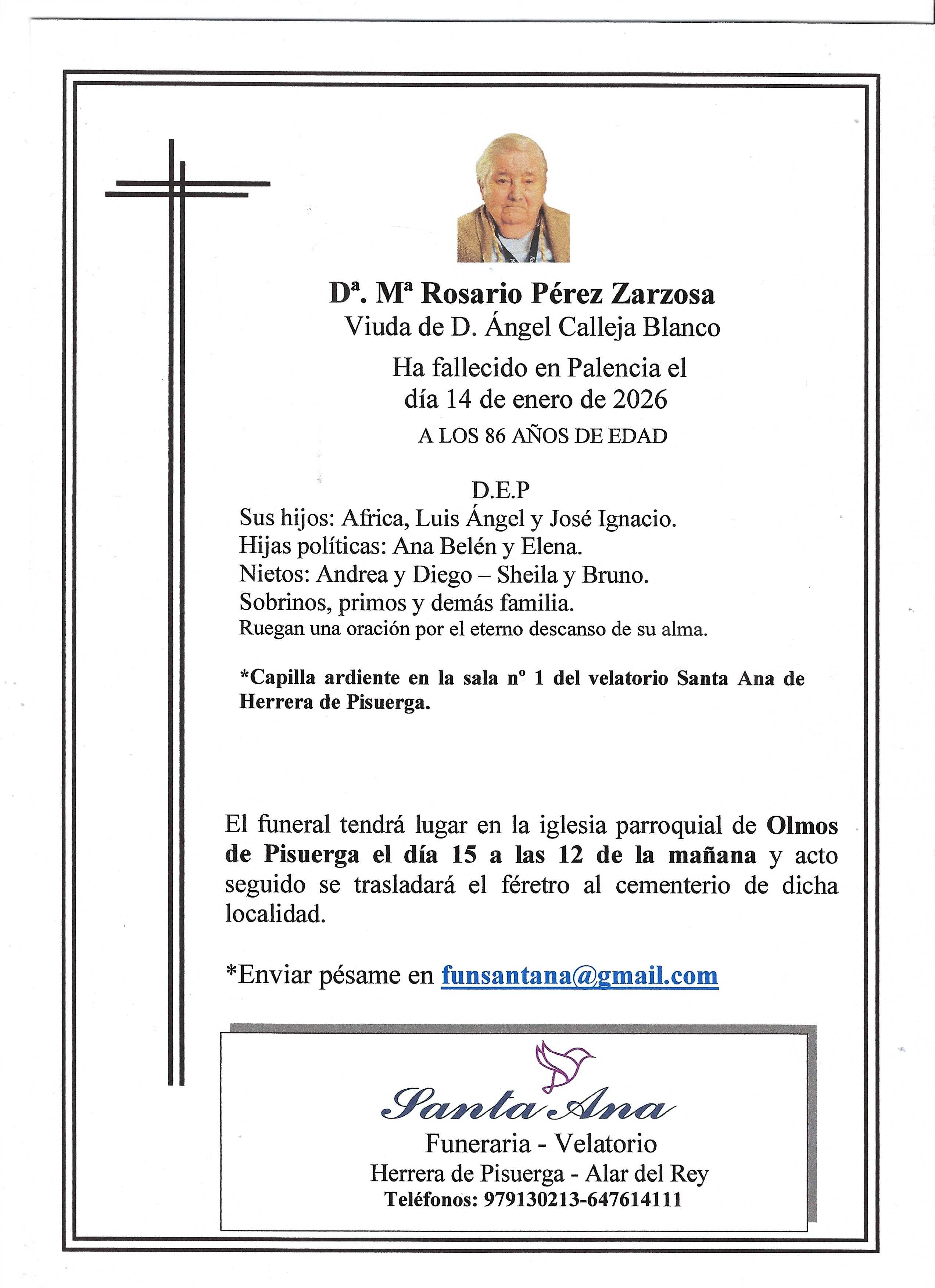 Obituary Dª. Mª Rosario Pérez Zarzosa