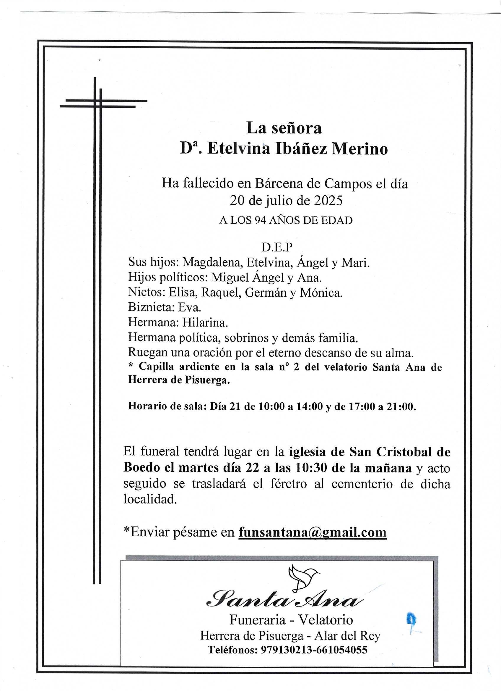 Obituary Dª Etelvina Ibáñez Merino