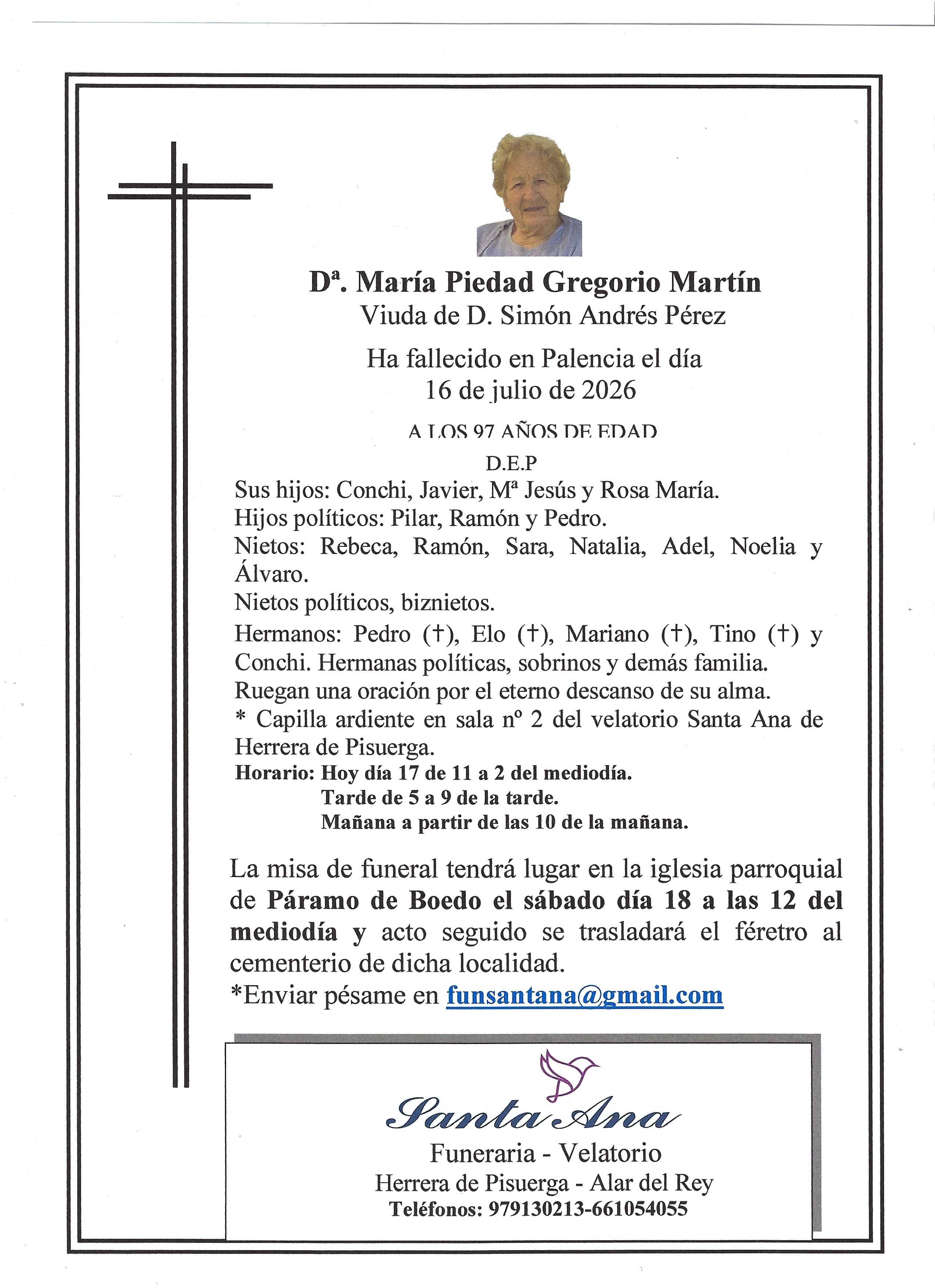 Obituary Maria Piedad Gregorio Martín