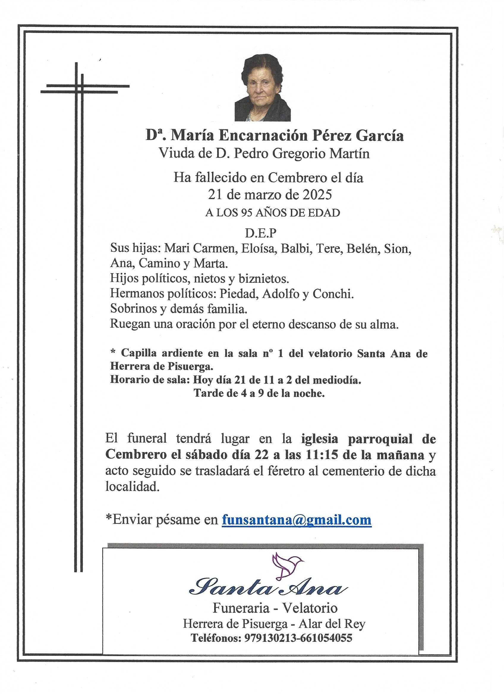 Obituary Dª. Mª Encarnación Pérez García